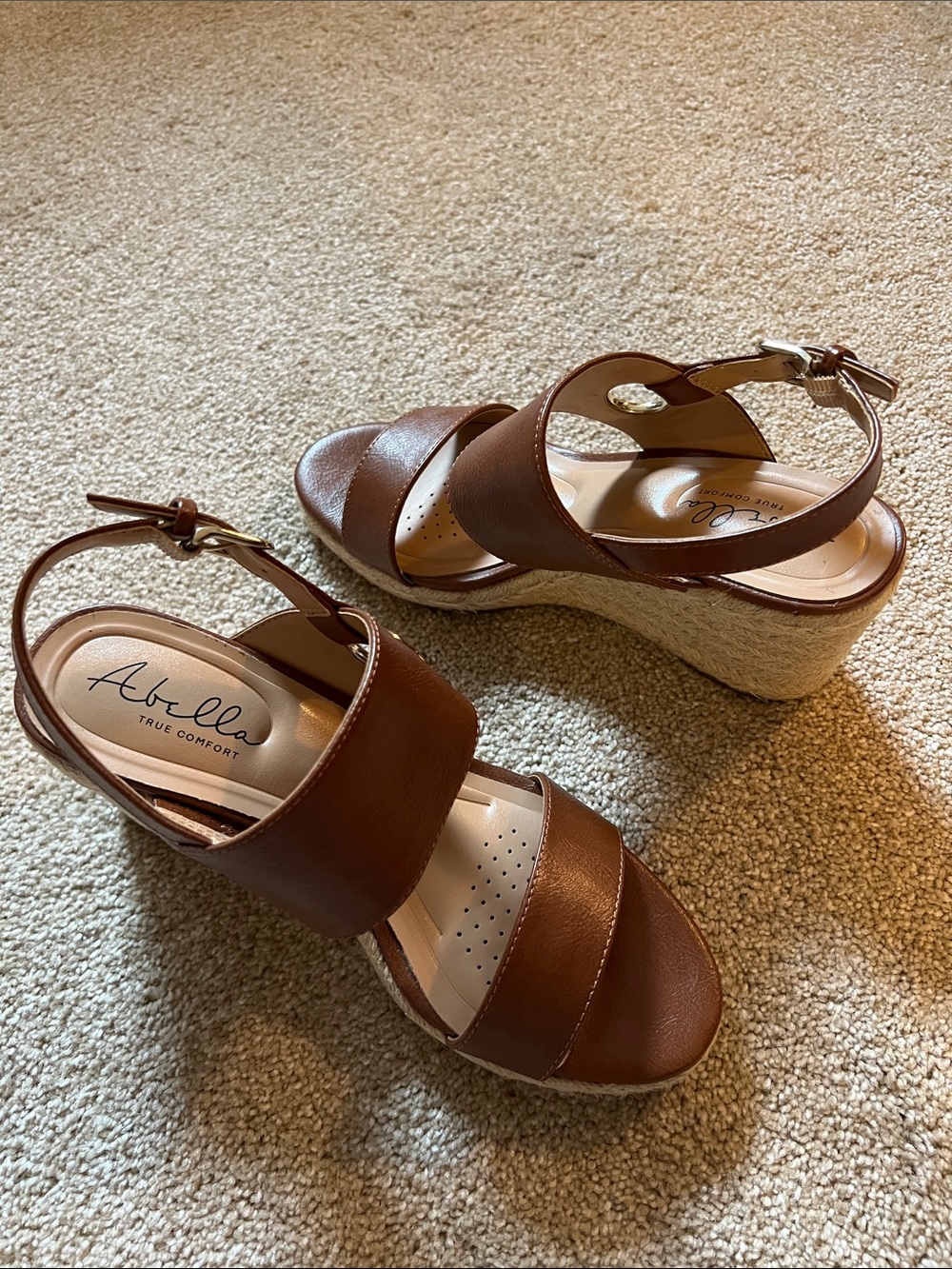 Abella Taya, Tan Espadrille Wedge Sandals with Ankle Buckle. 7.5. Like new.